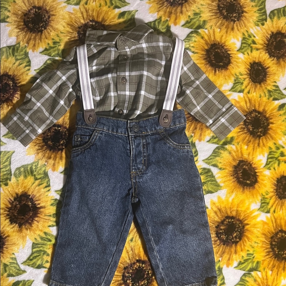 Plaid Green Shirt with Denim Overalls for Kids